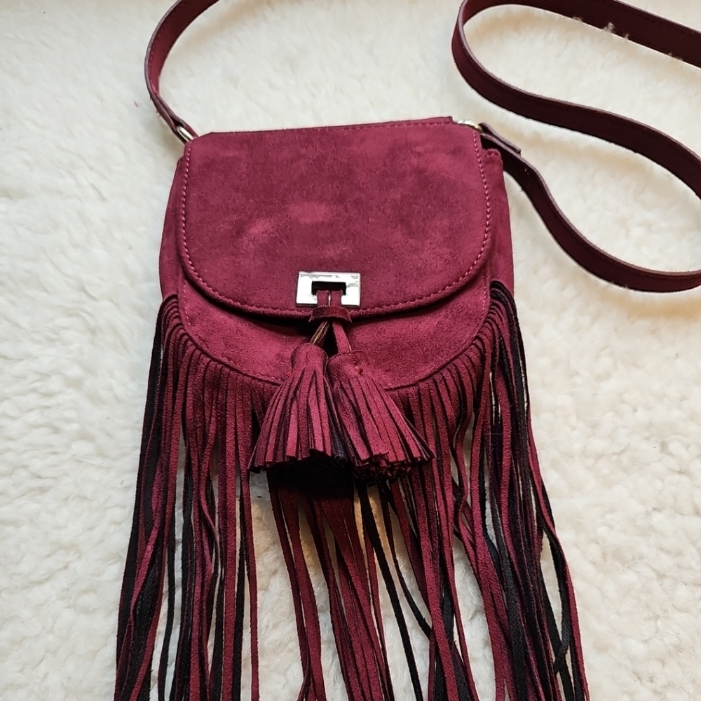 Crossbody Bag Maroon Faux Suede Fringe Express Bag
